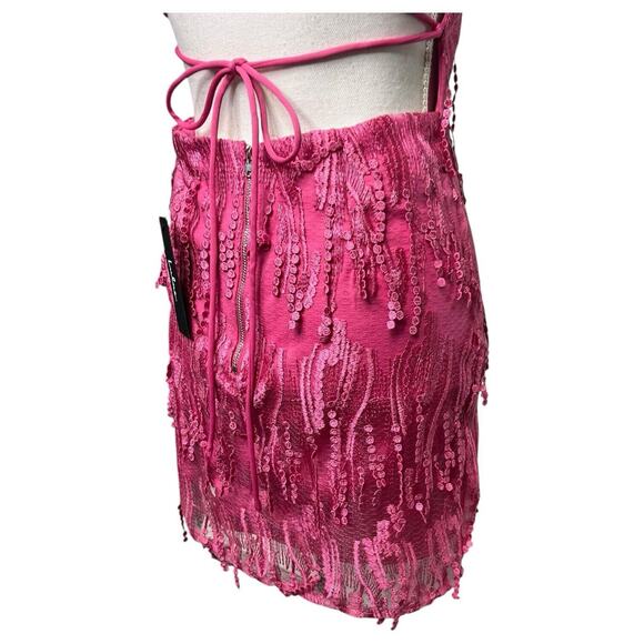 New Lulus Dress Womens M Making Magic Fringe Lace Up Mini Overlay Bright Pink - Picture 12 of 16
